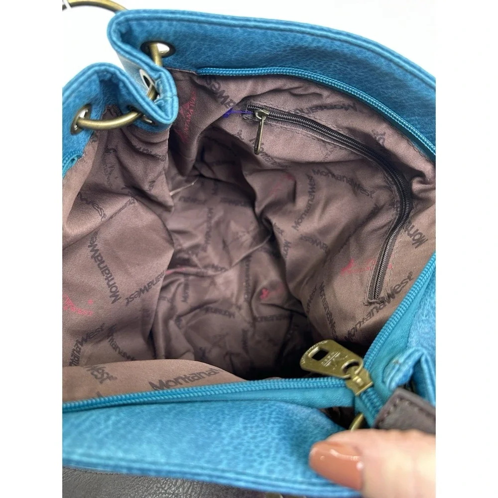 Montana West Hobo Handbag‎ Turquoise & Brown Shoulder Purse Zipper EUC Women's